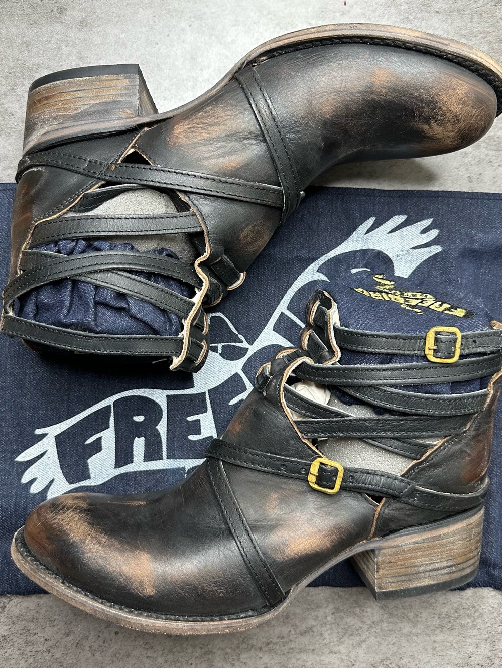 Freebird by Steven Stair Distressed Black Leather Harness Ankle Boots Sz 10